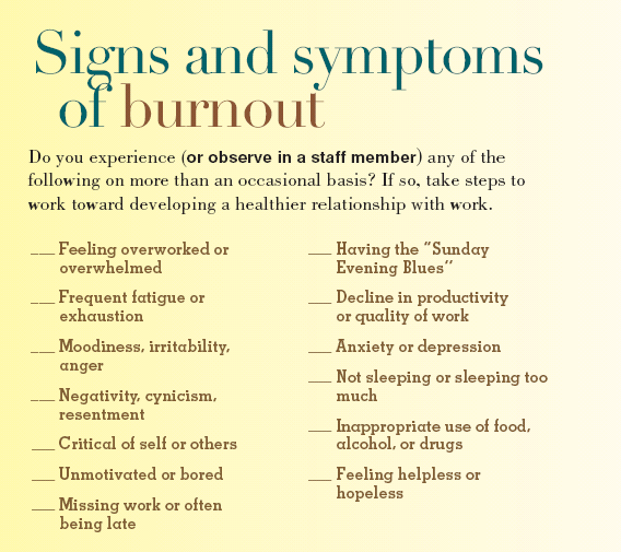Summer 2009 - Putting Out The Fires Of Discontent: Signs And Symptoms Of Burnout Burnout: signs and symptoms