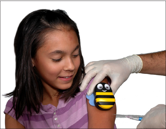 Buzzy’s combination of vibration and cold causes the sensation of pain to be blocked.